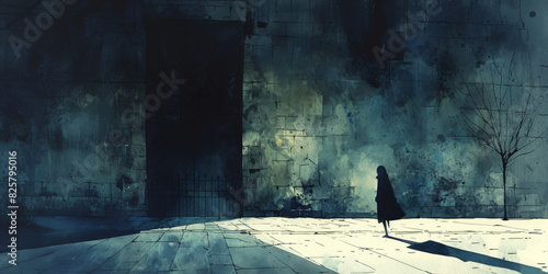 Dark Street Scene of Lone Figure Walking at Night in Urban Area with Eerie Lighting
