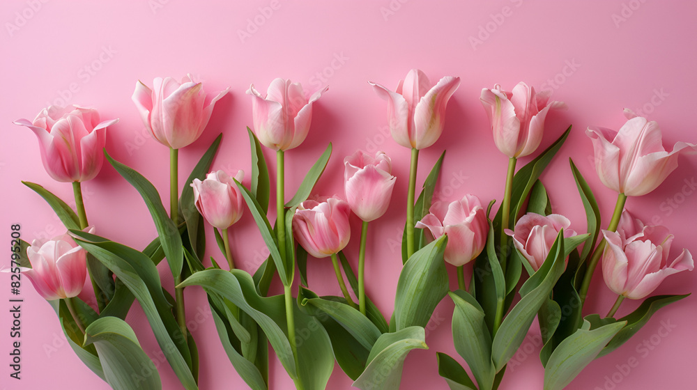 Beautiful composition of spring flowers tulip Bouquet on a pink background, generative Ai Beautiful composition of spring flowers tulip Bouquet on a pink background, generative Ai
