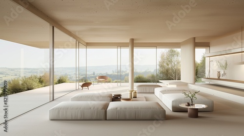 A sleek living room with a minimalist design featuring a neutral color palette streamlined furniture and large windows that offer breathtaking views of
