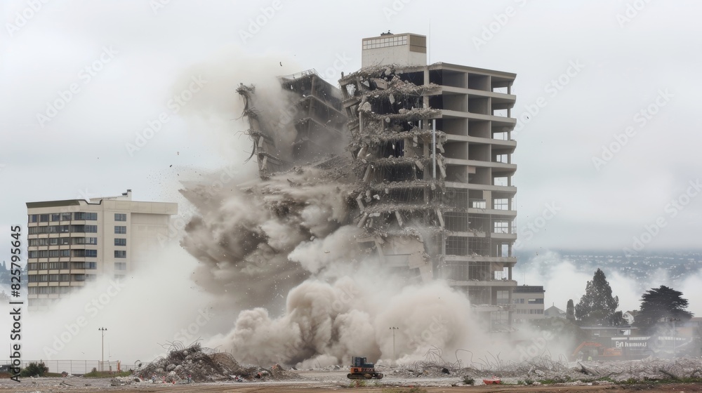 Fototapeta premium In a dramatic shot the buildings facade collapses in a cloud of dust marking a major milestone in the demolition process.