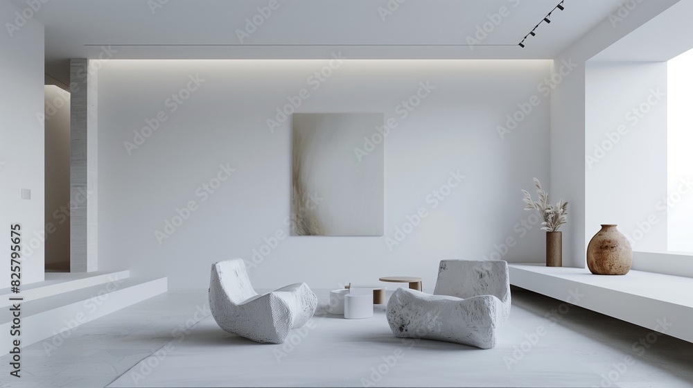 A sleek living room with a minimalist approach featuring stark white walls a single statement piece of modern art and furniture that appears to float above A sleek living room with a minimalist approach featuring stark white walls a single statement piece of modern art and furniture that appears to float above