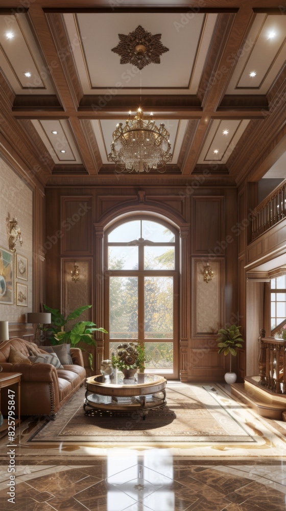 Spacious hallway featuring staircase to upper level. Interior architecture concept Spacious hallway featuring staircase to upper level. Interior architecture concept