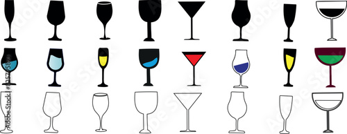 wine glass vector set, glassware collection, colorful cocktail beverages, sophisticated design, wine and party celebration essentials