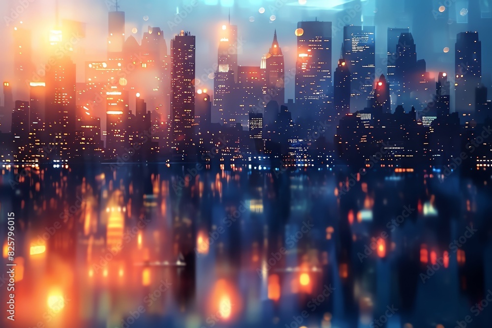 Abstract cityscape at dusk with glowing lights and reflections, showcasing modern urban architecture and a serene evening ambiance.