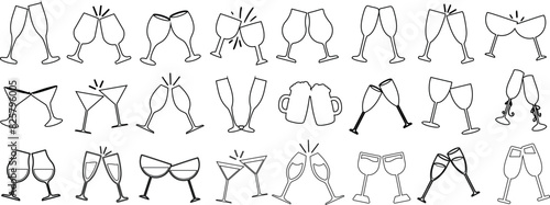 line art of diverse drinkware collection, wineglass, champagne flute, beer mug, cocktail glass, elegant silhouette, varied shapes
