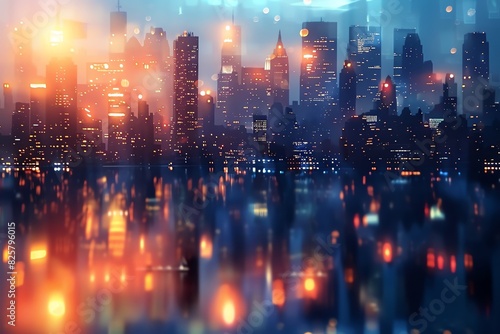 Abstract cityscape at dusk with glowing lights and reflections, showcasing modern urban architecture and a serene evening ambiance.