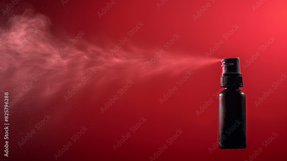 Nasal spray spraying with studio lighting against a solid bright burgundy red background.
Nasal spray spraying with studio lighting against a solid bright burgundy red background.