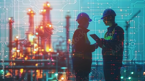 Engineers in hard hats discussing at an industrial site with technology holograms overlay. Concepts of industry, technology, and innovation.