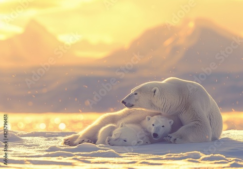 A mother polar bear and her baby relax together on the snow, with a bright, clean white snowfield and golden sunlight in the background. photo