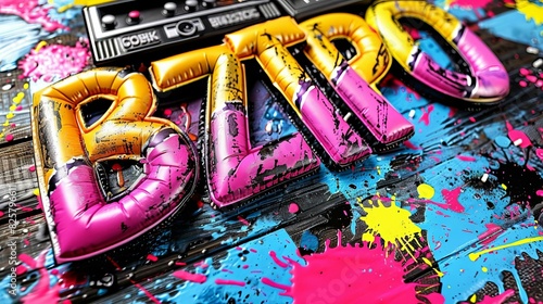 Colorful 3D graffiti tag with bright pink and yellow letters and drips of paint splattered on a black background. photo
