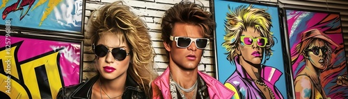 Three mannequins with 80s hairstyles and clothes in front of a graffitied wall. photo