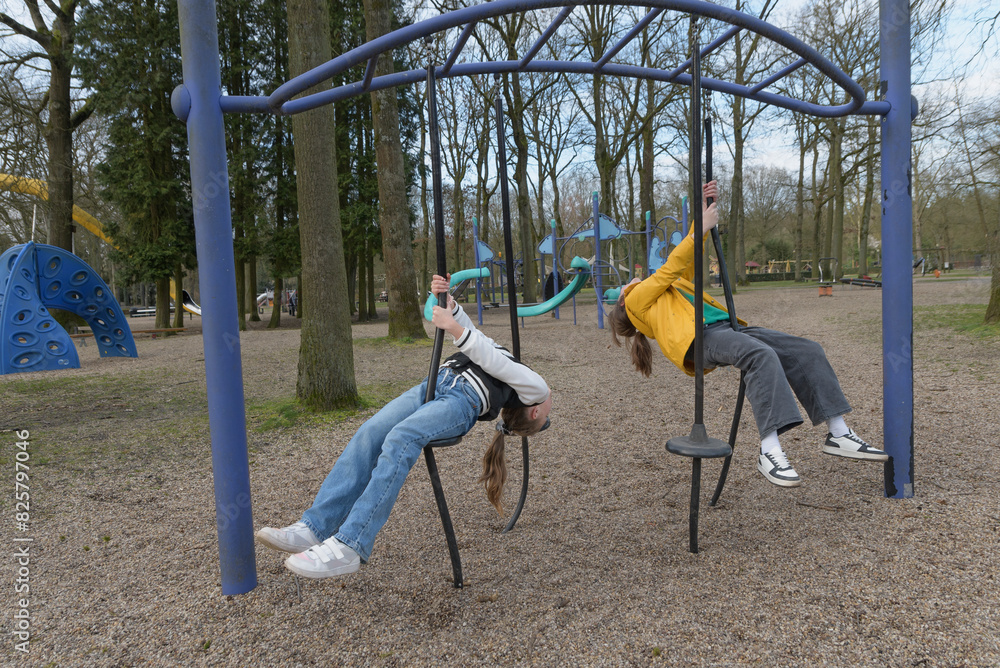 Fototapeta premium teenage girls 10-12 years old on swings in the park