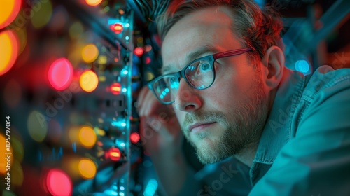 A man wearing glasses focused on examining information on a computer screen
