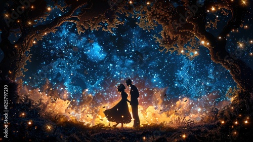 Elegant paper cut art of a couple dancing under the stars at an outdoor festival