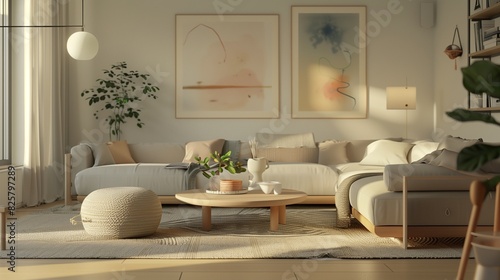 A sleek living room with a Scandinavian design featuring light airy furniture a neutral color palette and simple functional decor that emphasizes comfort and minimalism.