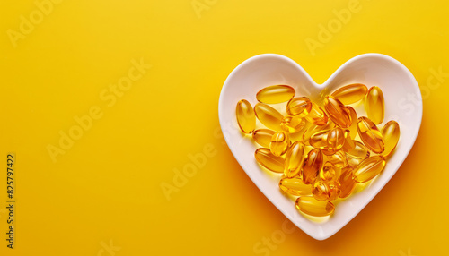 Omega 3 capsules in a heart-shaped plate on yellow background. Fish oil softgels. Supplement food vitamin D capsules. 