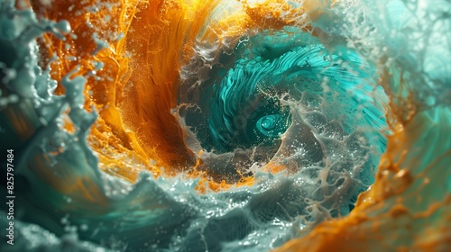 Fluid dynamics turquoise tangerine vortices colliding energetic