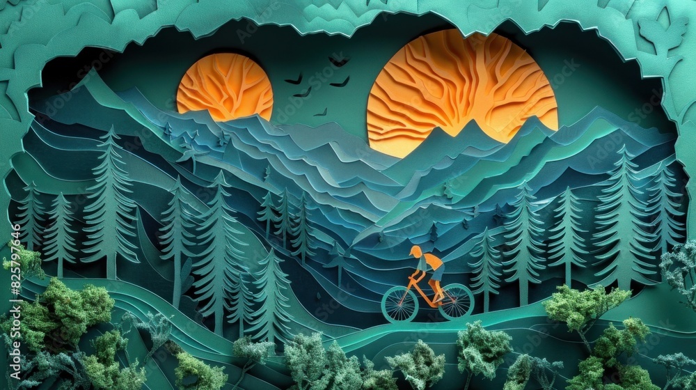 Stunning paper cut illustration of a biker navigating through a forest trail