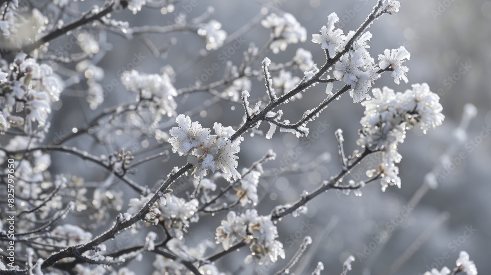 Frost flowers clinging to a leafless tree branch creating a beautifully textured and icy landscape. Frost flowers clinging to a leafless tree branch creating a beautifully textured and icy landscape.