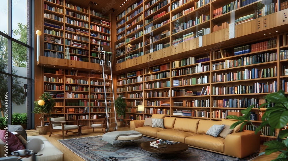 A contemporary living room with a two-story bookshelf filled with a vast collection of books accessible by a rolling ladder and cozy seating areas nestled among A contemporary living room with a two-story bookshelf filled with a vast collection of books accessible by a rolling ladder and cozy seating areas nestled among