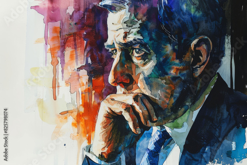 Pensive Elderly Man in Colorful Watercolor Portrait