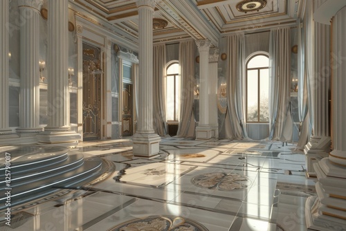 A large room with white walls and marble pillars