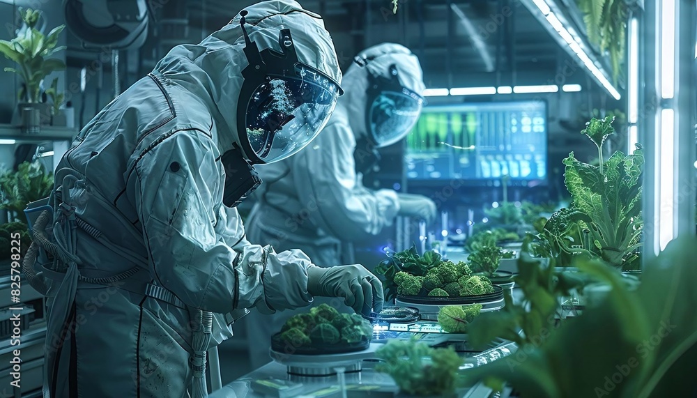 A futuristic biotech lab working on food production innovations, with researchers in hightech gear A futuristic biotech lab working on food production innovations, with researchers in hightech gear