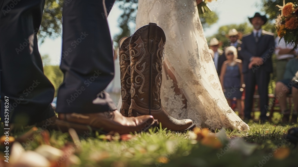 A heartfelt moment during the ceremony as the grooms personalized cowboy boots adorned with the wedding date are presented to him by the father of the bride. A heartfelt moment during the ceremony as the grooms personalized cowboy boots adorned with the wedding date are presented to him by the father of the bride.