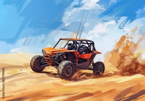 Off-roading on sand dunes in a UTV rally buggy. photo