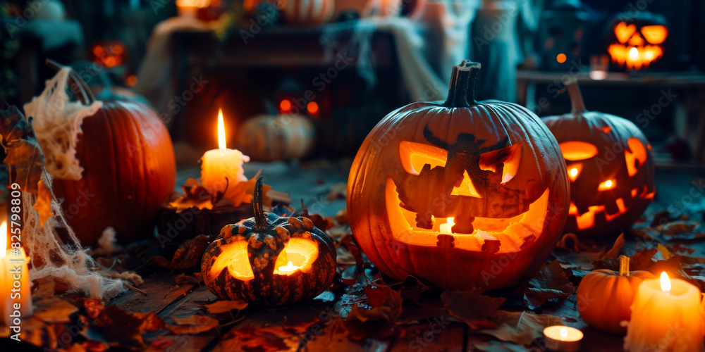 Carved Halloween Pumpkins with Burning Candles
Carved Halloween Pumpkins with Burning Candles