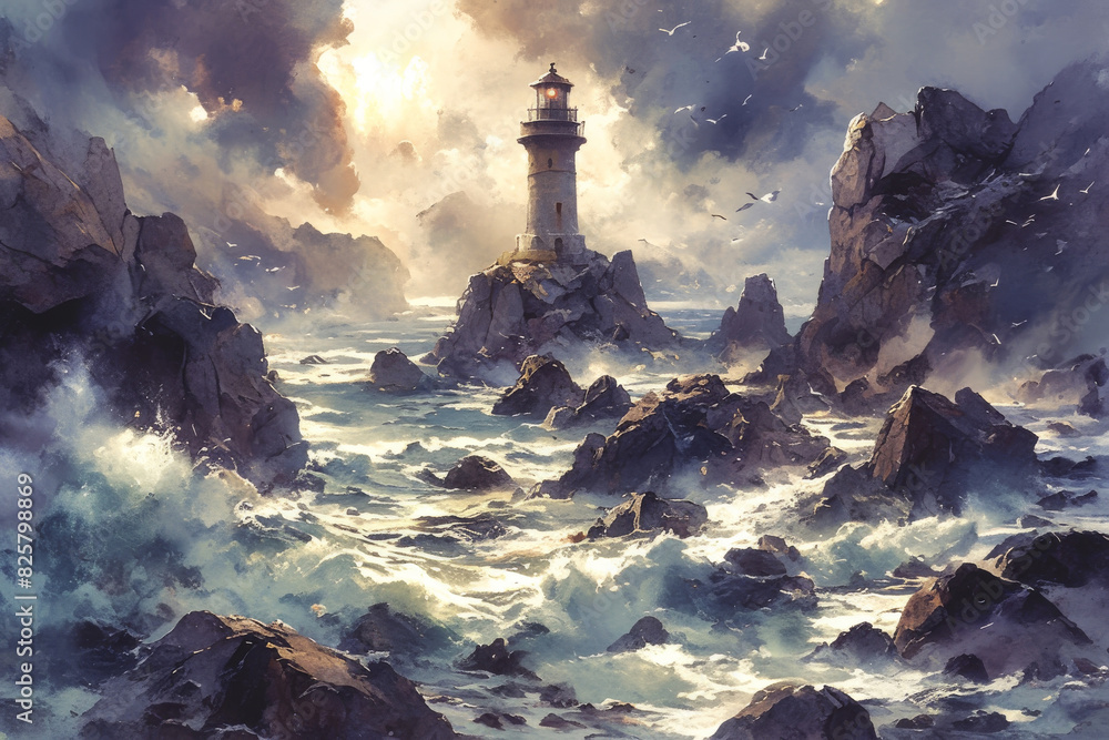 Dramatic Lighthouse Surrounded by Stormy Sea and Rugged Rocks During an Intense Storm