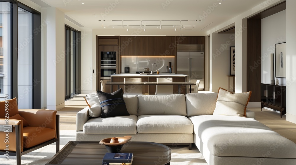 A sleek living room with an open-concept design seamlessly integrating with a modern kitchen featuring clean lines high-end appliances visible in A sleek living room with an open-concept design seamlessly integrating with a modern kitchen featuring clean lines high-end appliances visible in