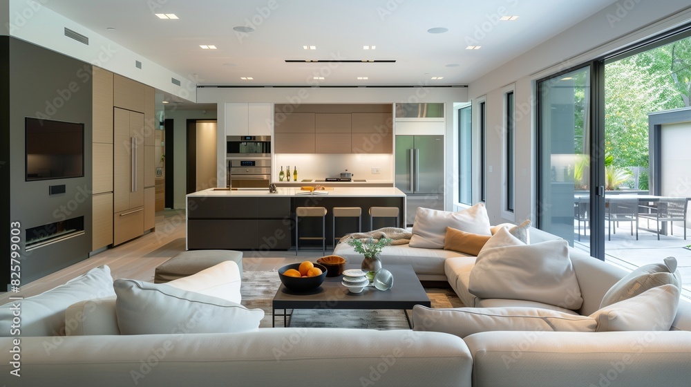 A sleek living room with an open-concept design seamlessly integrating with a modern kitchen featuring clean lines high-end appliances visible in A sleek living room with an open-concept design seamlessly integrating with a modern kitchen featuring clean lines high-end appliances visible in
