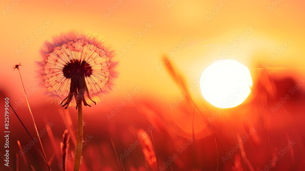 Beautiful fluffy dandelion at sunset, generative Ai