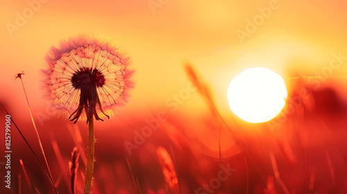 Beautiful fluffy dandelion at sunset  generative Ai
