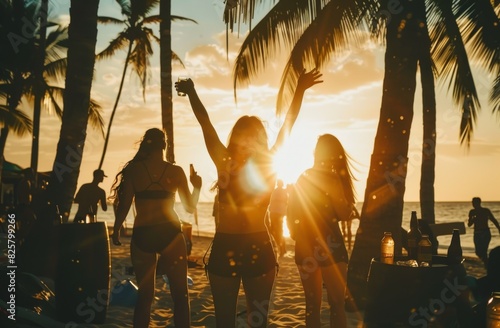  A lively beach dance at sunset with friends in silhouettes, arms up, amidst scattered beer bottles and cans, reveling in the summer vibe. photo