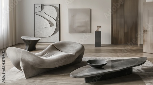 A sleek living room with avant-garde furniture that challenges traditional forms including a sculptural sofa and asymmetrical coffee table set against a backdrop of minimalist art and neutral tones.