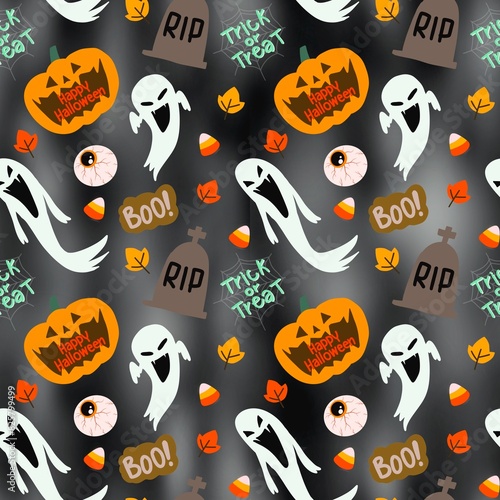 Halloween seamless pattern - creepy pumpkin lanterns with scary faces, traditional holiday halloween symbols ,seamless texture