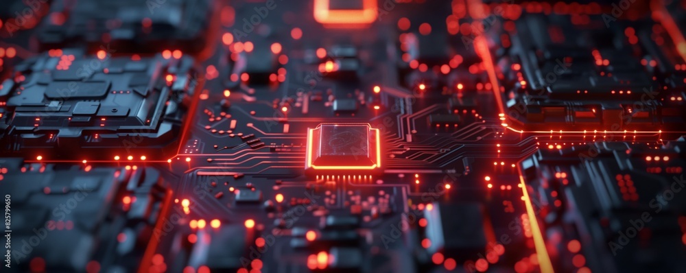 Detailed view of a computer circuit board components and connections Detailed view of a computer circuit board components and connections
