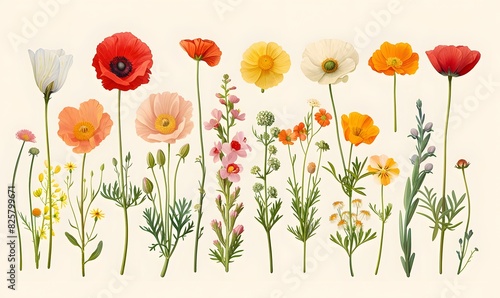 Simple Botanical Illustration  collection of botanical flowers in various stages of bloom