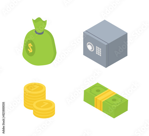 Business and finance modern isometric icons set. Financial management, investments idea. Banknotes, dollars, coins, safe, bag of money.