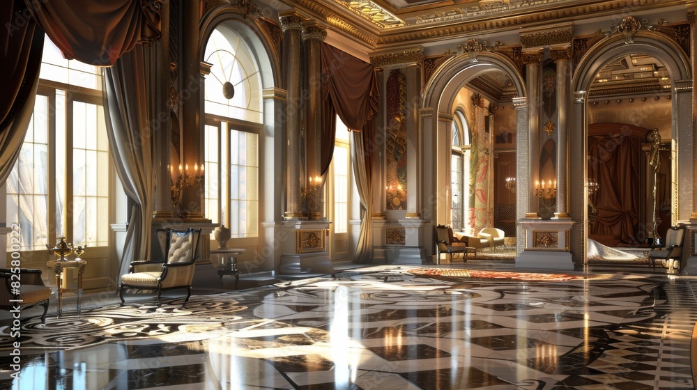 Fototapeta premium Opulent staircase ascending to a majestic chamber with a gleaming marble floor. Architectural grandeur concept