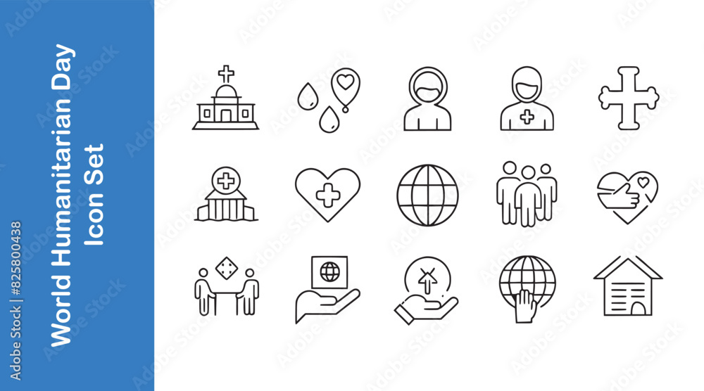 World humanitarian day line icon set with editable outline. World humanitarian day line icon set with editable outline.