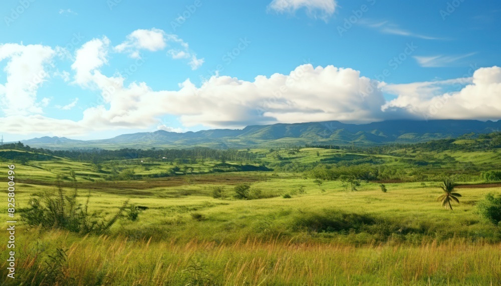 A stunning spring day landscaping views of fertile land surrounded beautiful green vegetation, wide stretches of hills and mountains with clear skies in spring