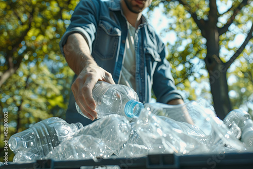 Man recycling plastic bottle in park, sustainable waste management