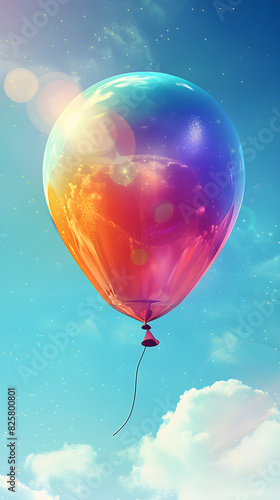 Vibrant Multi-Colored Balloon Soaring Against Blue Sky, Reflecting Sunlight and Creating a Mesmerizing Display