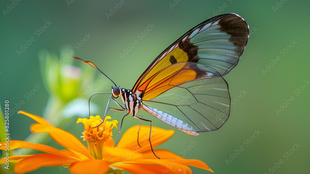 Fototapeta premium Beautiful Glasswing Butterfly on a yellow flower, generative Ai