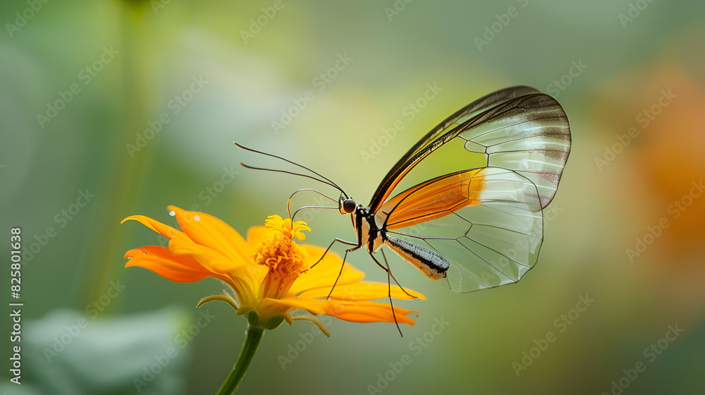 Obraz premium Beautiful Glasswing Butterfly on a yellow flower, generative Ai