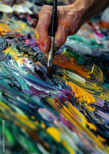 An artist's hands in action, painting a vibrant, abstract canvas 