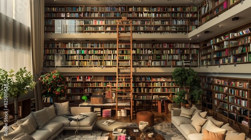 Wallpaper Mural A contemporary living room with a two-story bookshelf filled with a vast collection of books accessible by a rolling ladder and cozy seating areas nestled among Torontodigital.ca